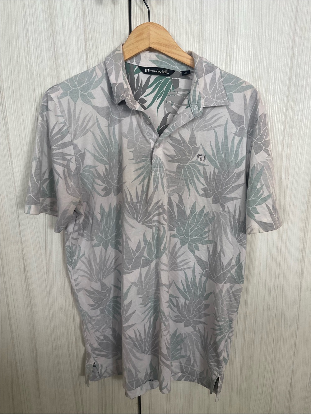 Travis Mathew Gray Polo with Sage Tropical Leaf Print